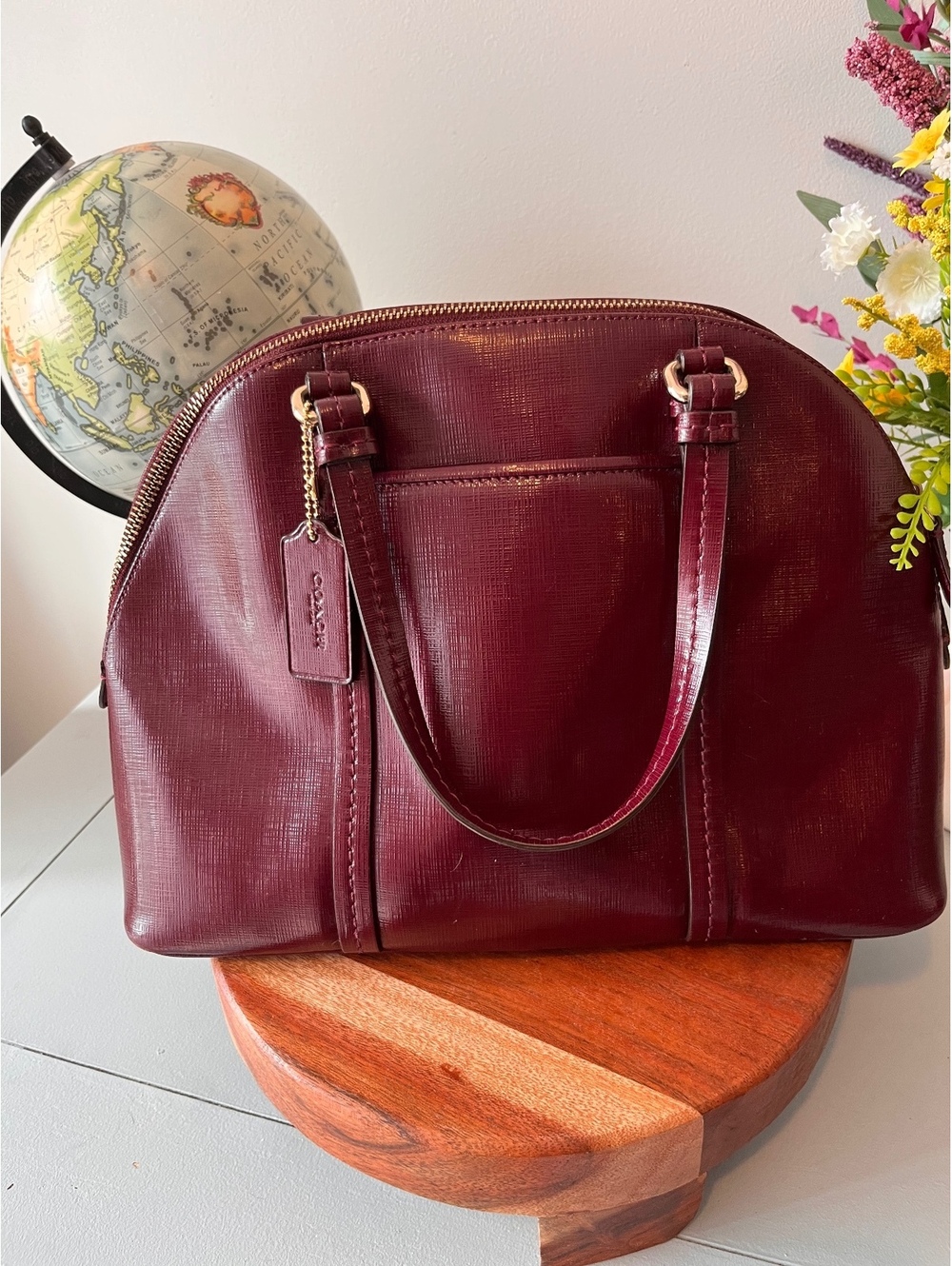 COACH Burgundy Saffiano Leather Peyton Cora Domed Satchel & Crossbody Bag F25671 - Picture 12 of 16